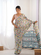 Monjolika Fashion Chinon Digital Print Classic Saree in Off White - Distacart