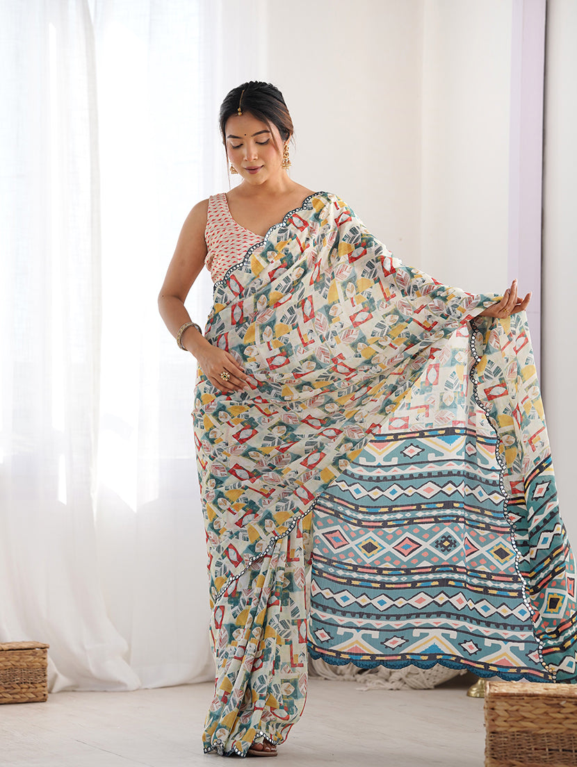Monjolika Fashion Chinon Digital Print Classic Saree in Off White - Distacart