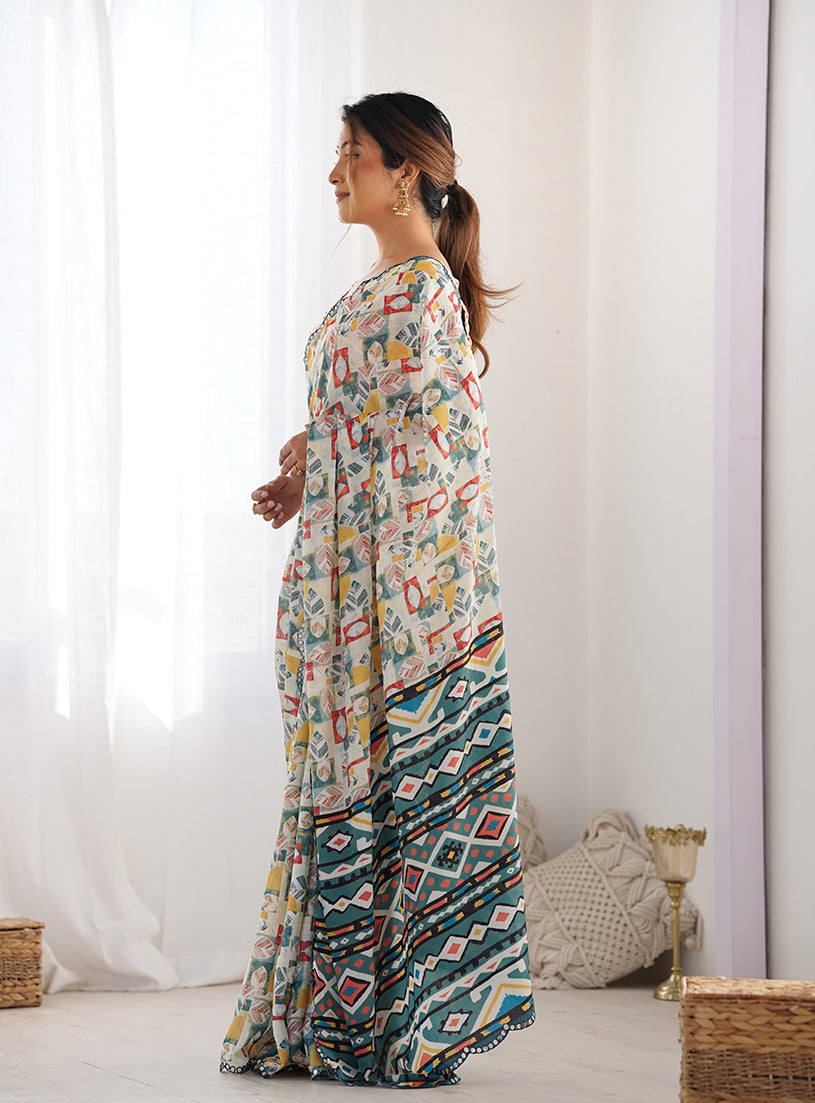 Monjolika Fashion Chinon Digital Print Classic Saree in Off White - Distacart