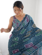Monjolika Fashion Chinon Digital Print Classic Saree in Teal Blue
