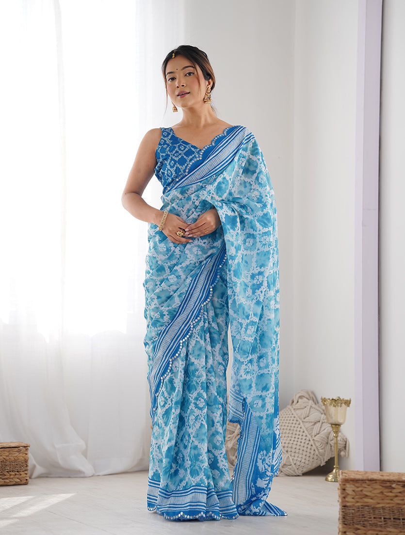 Monjolika Fashion Chinon Digital Print Classic Saree in Light Blue