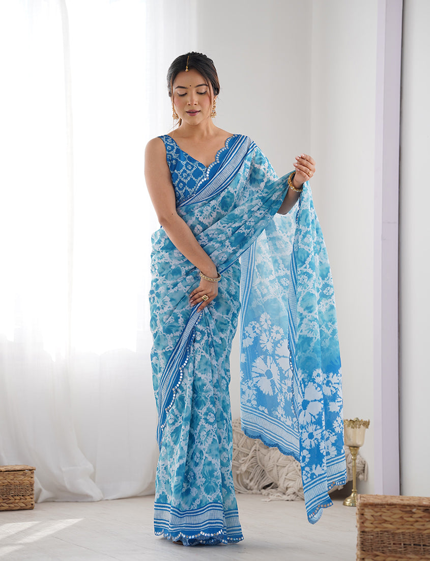 Monjolika Fashion Chinon Digital Print Classic Saree in Light Blue