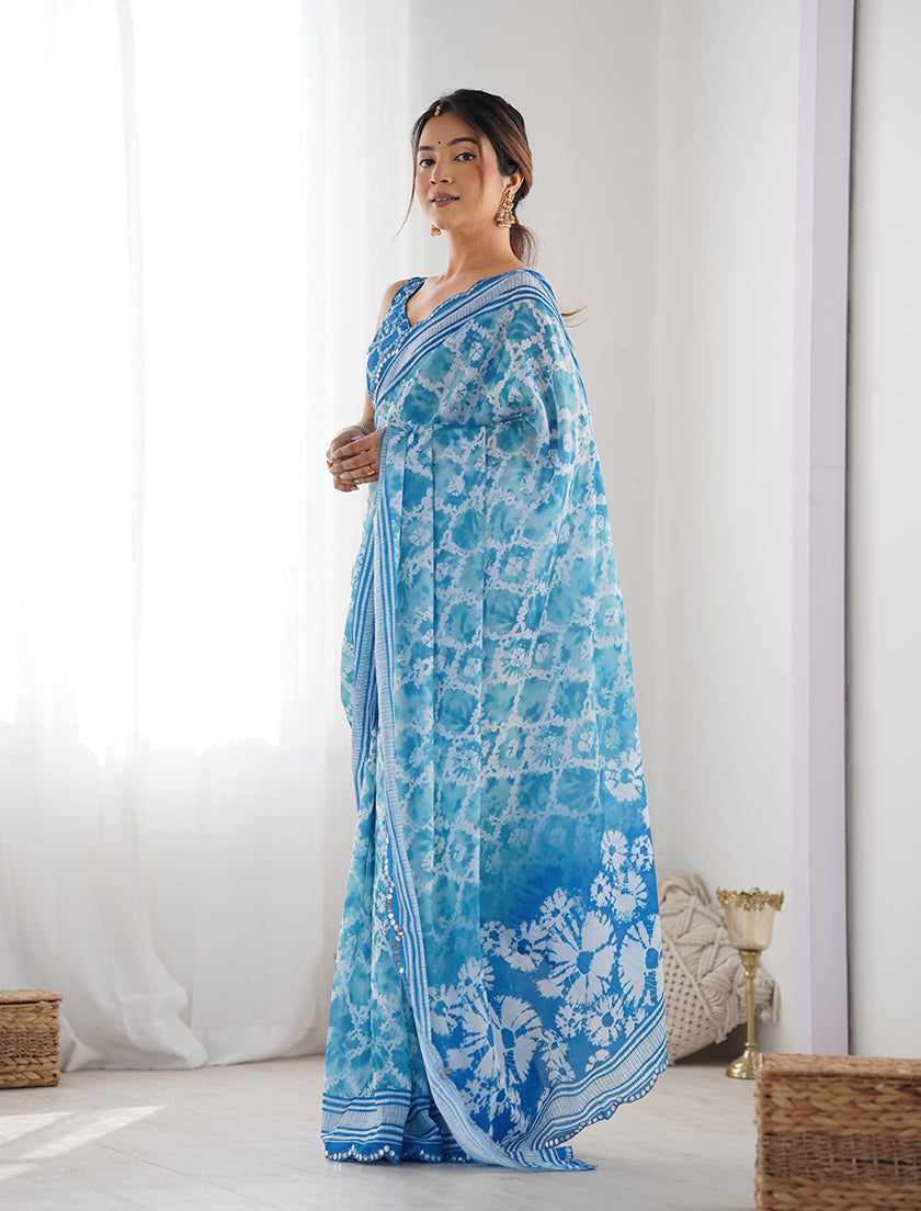 Monjolika Fashion Chinon Digital Print Classic Saree in Light Blue