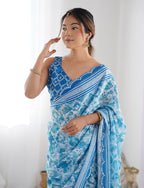 Monjolika Fashion Chinon Digital Print Classic Saree in Light Blue