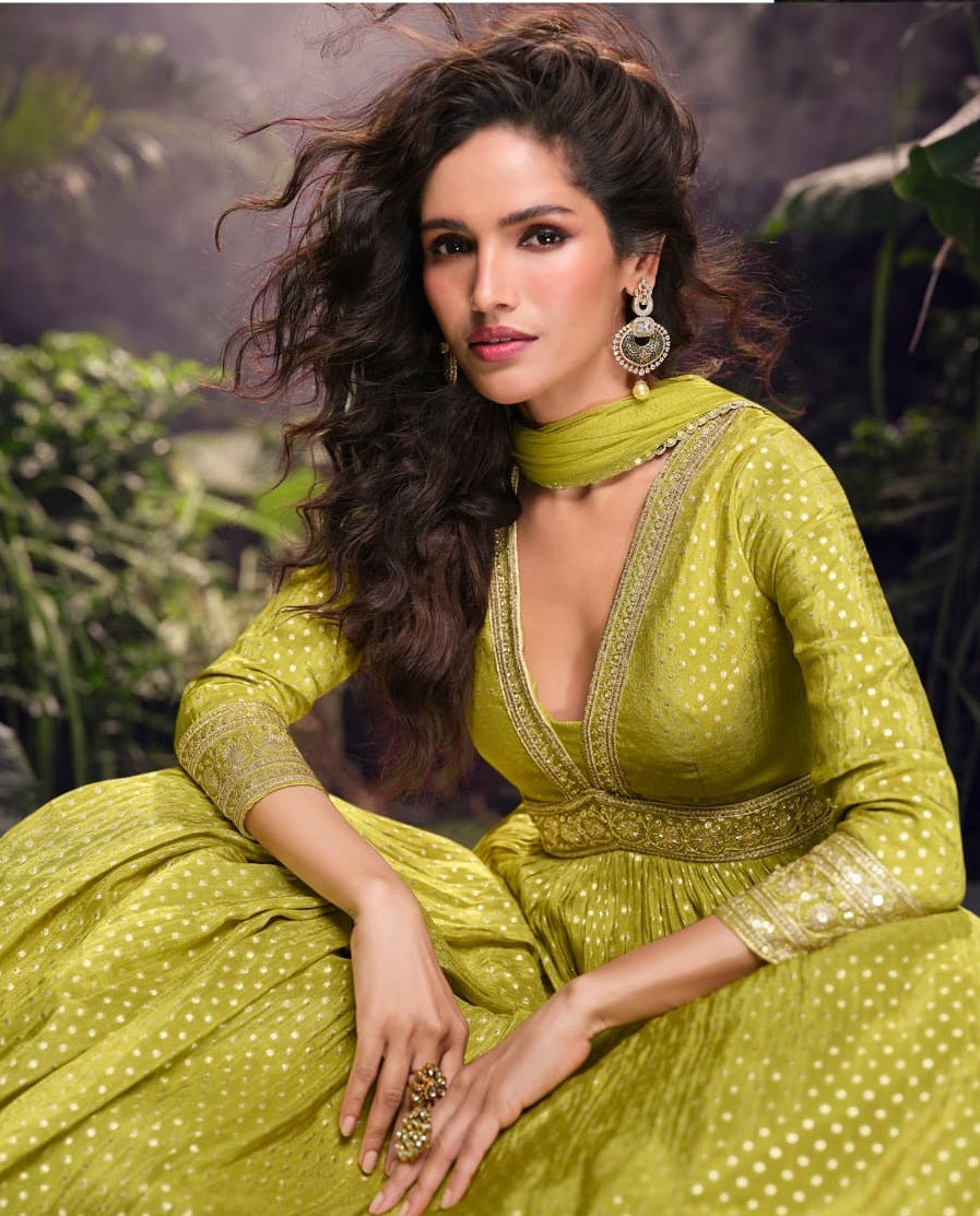 Anaita Lime Viscose Simar Jacquard Stitched Handmade Khatli Work Anarkali Gown - Distacart