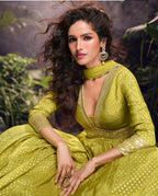 Anaita Lime Viscose Simar Jacquard Stitched Handmade Khatli Work Anarkali Gown - Distacart