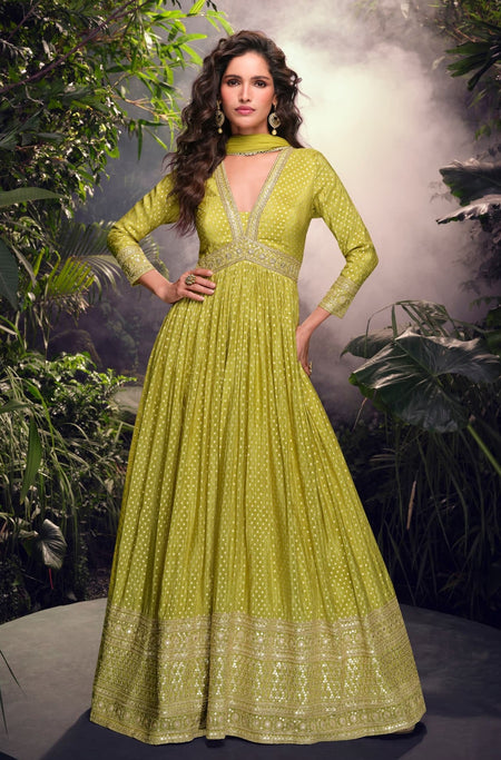Anaita Lime Viscose Simar Jacquard Stitched Handmade Khatli Work Anarkali Gown