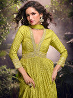Anaita Lime Viscose Simar Jacquard Stitched Handmade Khatli Work Anarkali Gown - Distacart