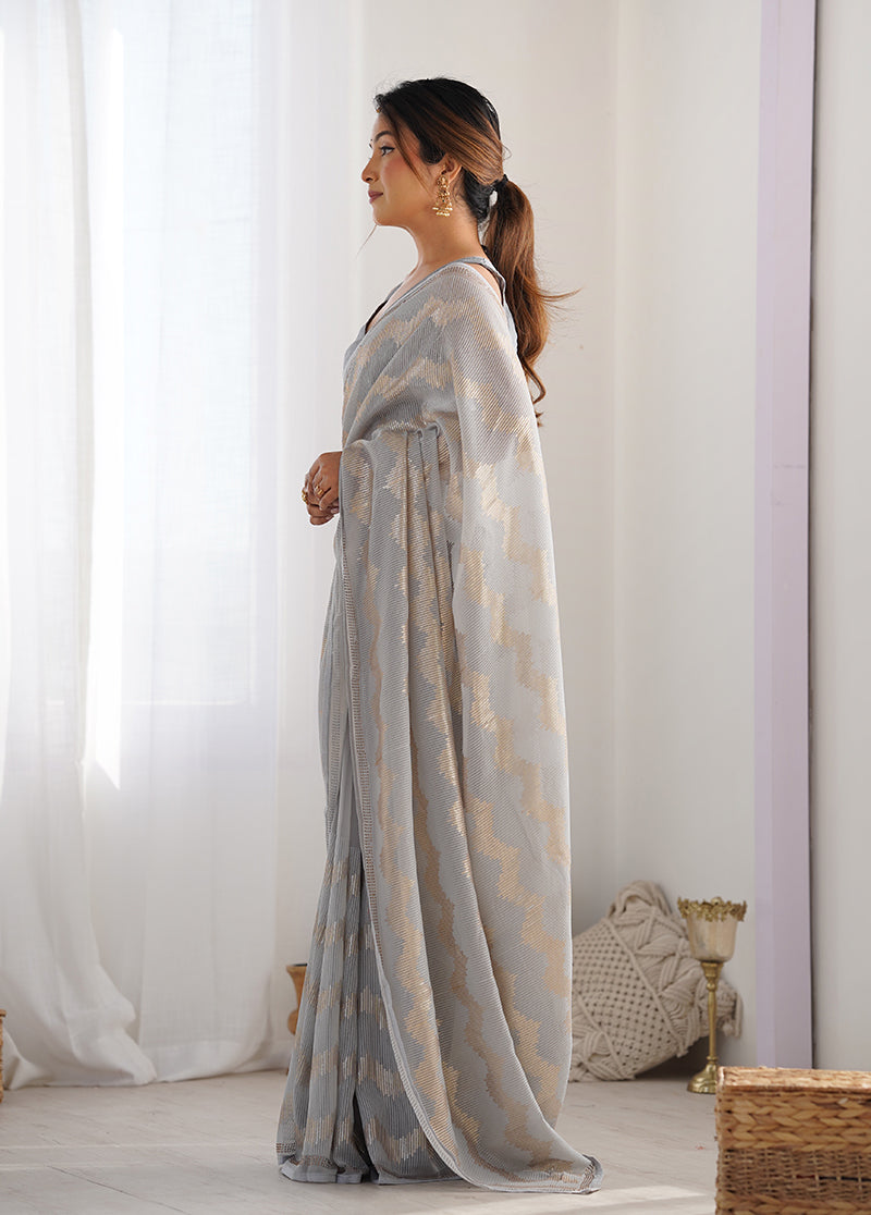Monjolika Fashion Grey Sequins Work Georgette Trendy Saree