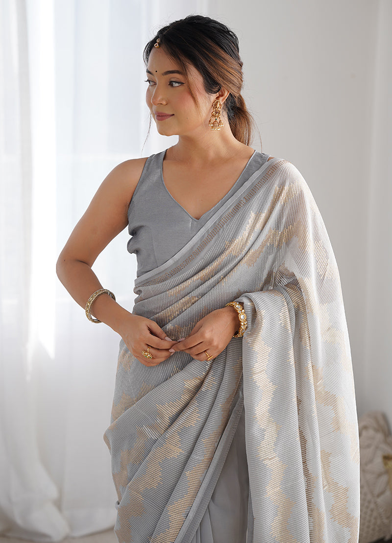 Monjolika Fashion Grey Sequins Work Georgette Trendy Saree