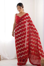 Monjolika Fashion Red Sequins Work Georgette Trendy Saree
