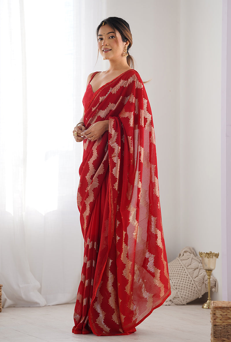 Monjolika Fashion Red Sequins Work Georgette Trendy Saree