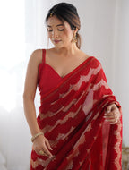 Monjolika Fashion Red Sequins Work Georgette Trendy Saree