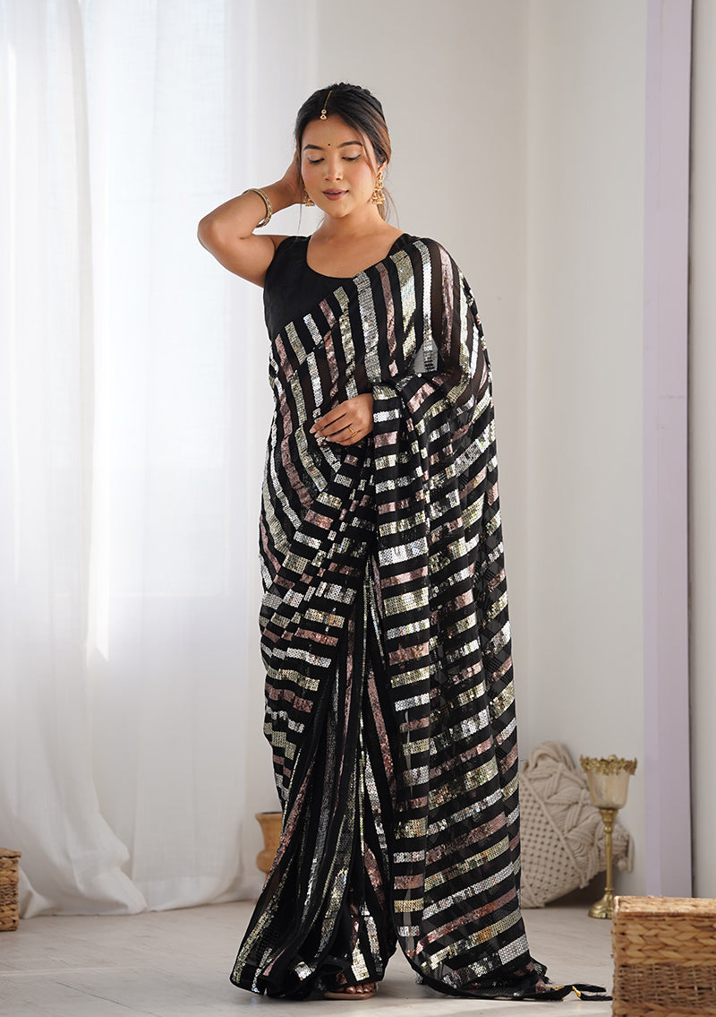 Monjolika Fashion Black Sequins Work Georgette Trendy Saree