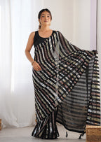 Monjolika Fashion Black Sequins Work Georgette Trendy Saree
