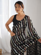 Monjolika Fashion Black Sequins Work Georgette Trendy Saree