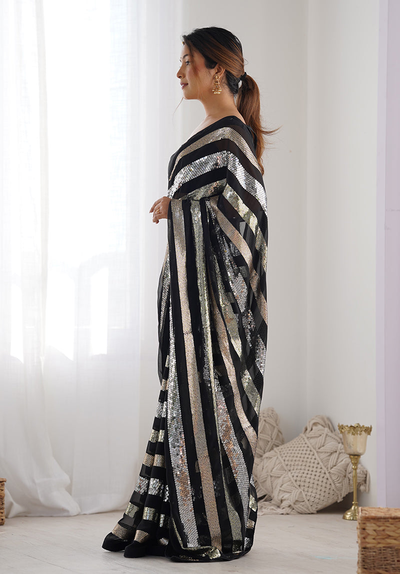 Monjolika Fashion Sequins Work Black Georgette Festival Party Wear Saree