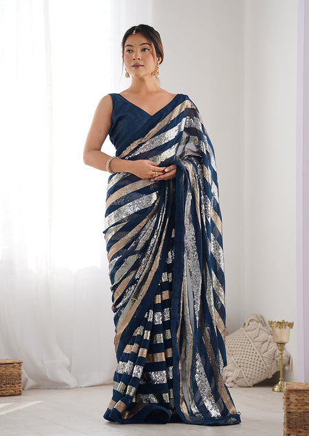 Monjolika Fashion Sequins Work Morpeach Georgette Festival Party Wear Saree