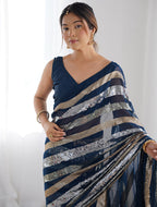 Monjolika Fashion Sequins Work Morpeach Georgette Festival Party Wear Saree