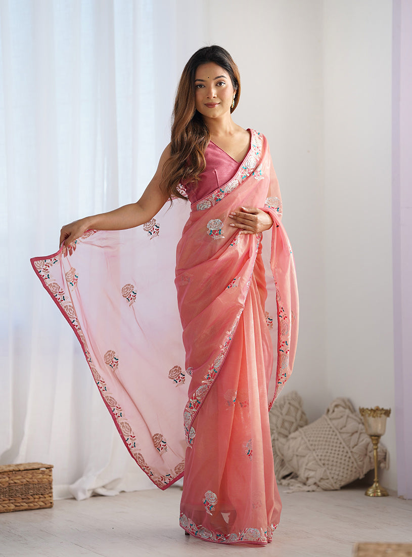 Monjolika Fashion Peach Thread Embroidery Net Trendy Saree - Distacart