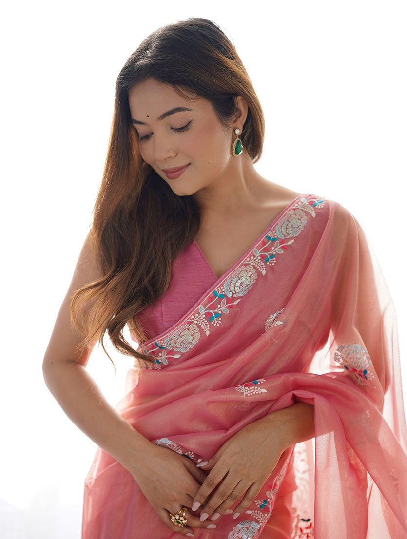 Monjolika Fashion Peach Thread Embroidery Net Trendy Saree - Distacart