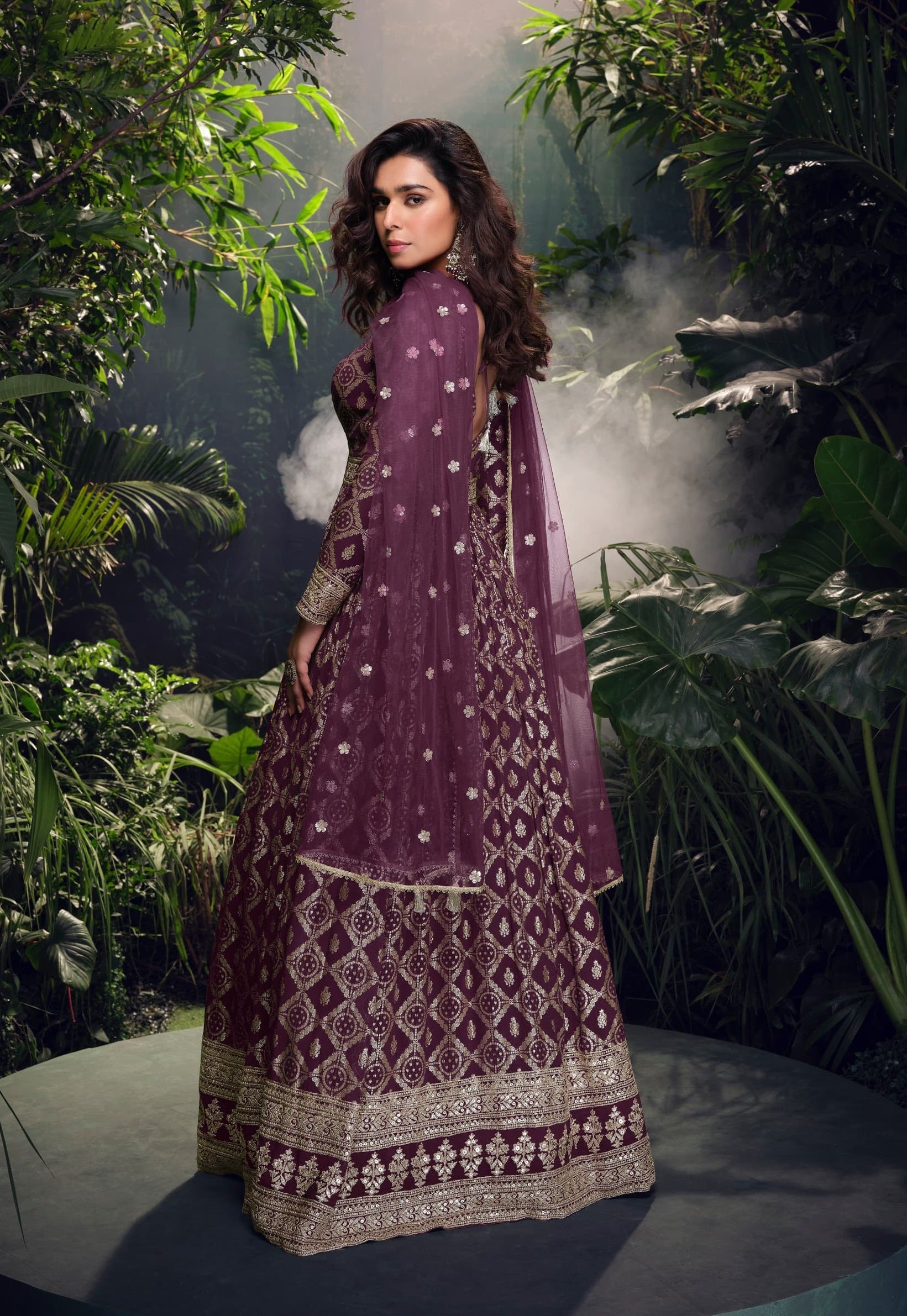 Anaita Wine Viscose Simar Jacquard Stitched Handmade Khatli Work Anarkali Gown - Distacart