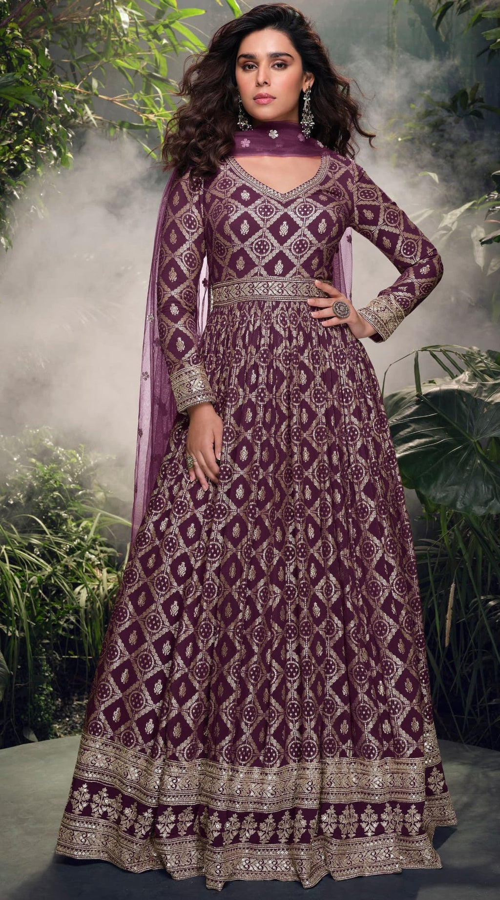 Anaita Wine Viscose Simar Jacquard Stitched Handmade Khatli Work Anarkali Gown - Distacart