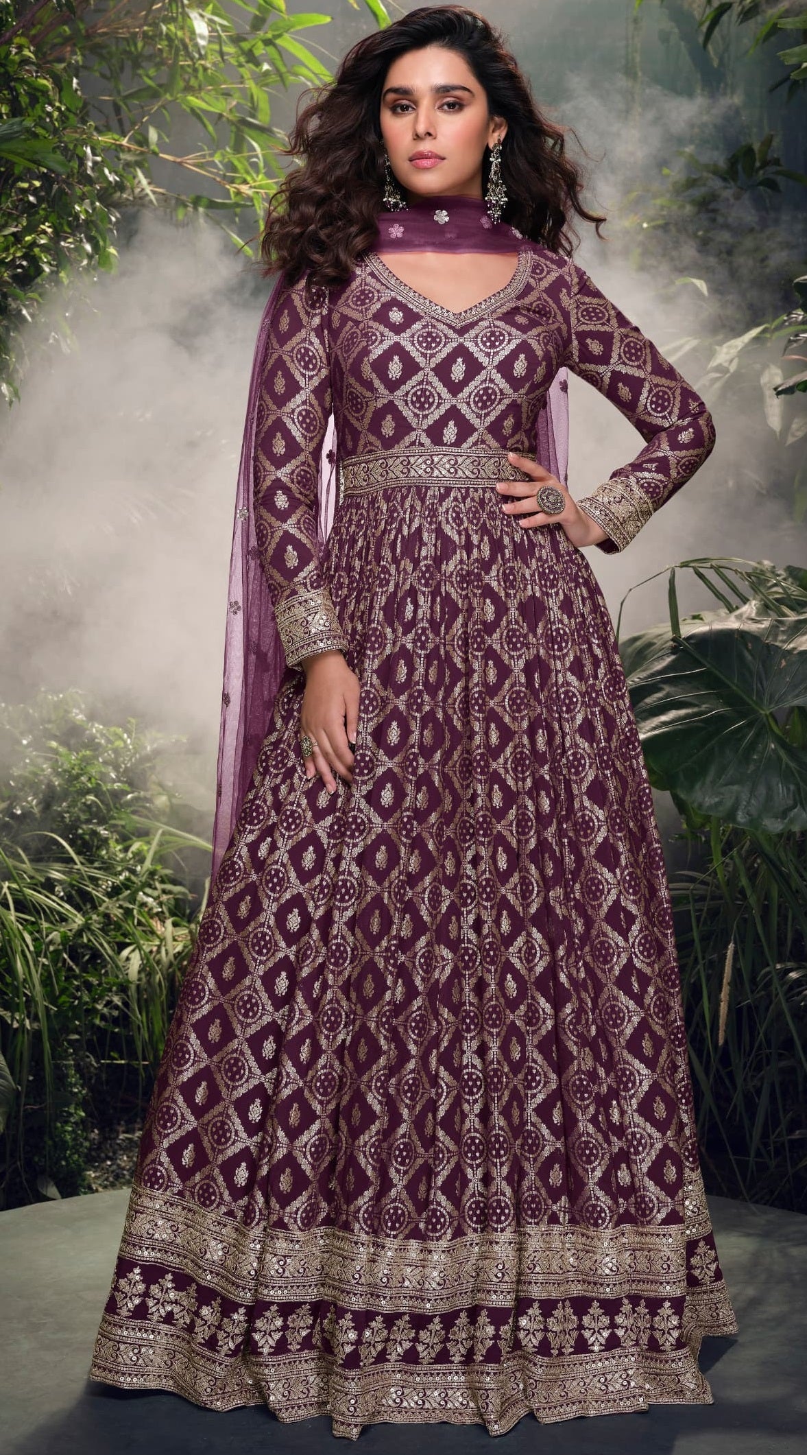 Anaita Wine Viscose Simar Jacquard Stitched Handmade Khatli Work Anarkali Gown - Distacart