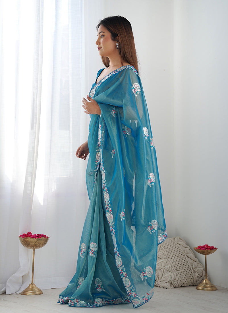 Monjolika Fashion Teal Blue Thread Embroidery Net Trendy Saree - Distacart