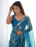 Monjolika Fashion Teal Blue Thread Embroidery Net Trendy Saree - Distacart