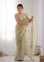 Monjolika Fashion Pista Green Thread Embroidery Net Trendy Saree - Distacart