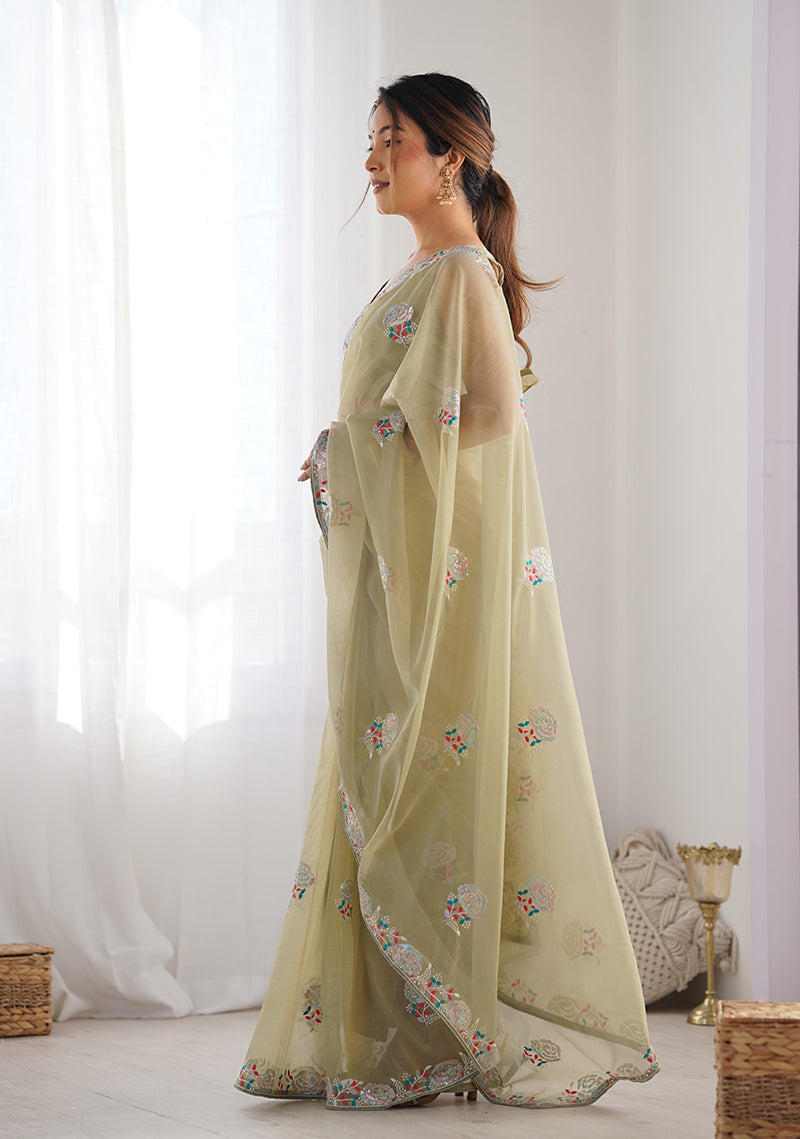 Monjolika Fashion Pista Green Thread Embroidery Net Trendy Saree - Distacart