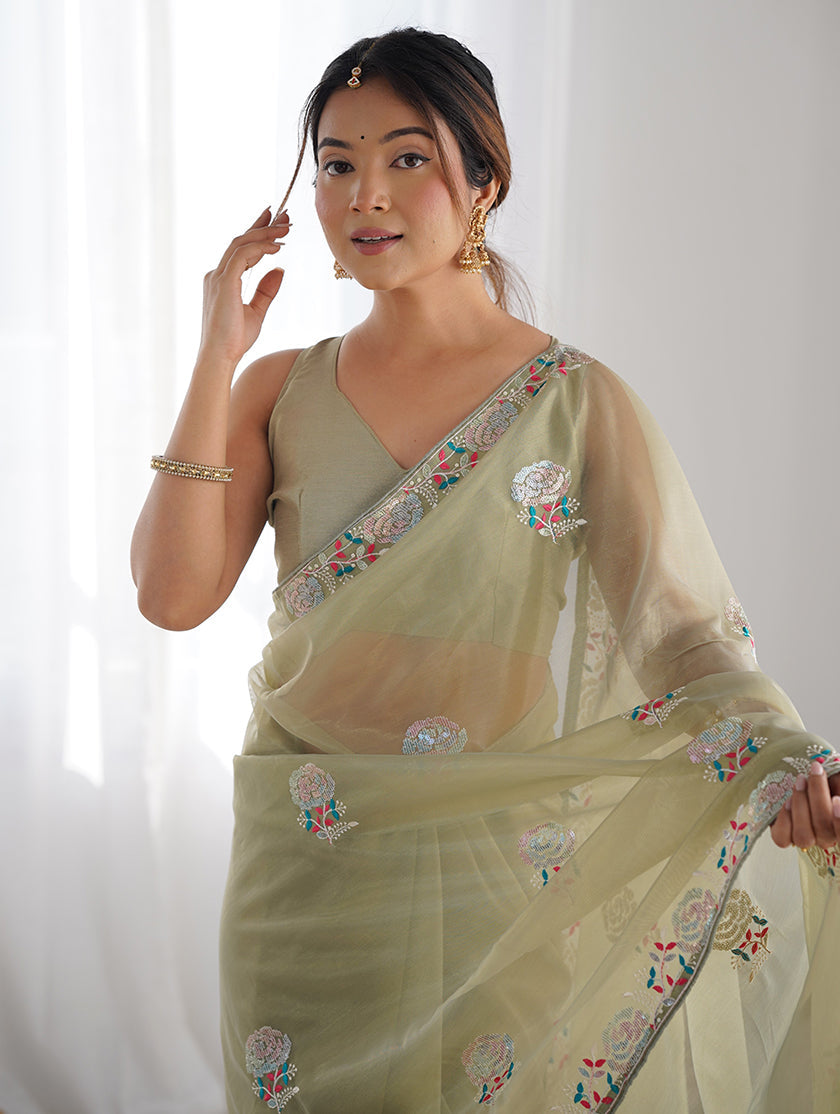 Monjolika Fashion Pista Green Thread Embroidery Net Trendy Saree - Distacart