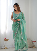 Monjolika Fashion Sea Green Thread Embroidery Net Trendy Saree - Distacart