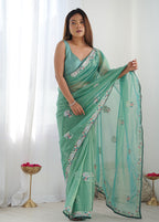 Monjolika Fashion Sea Green Thread Embroidery Net Trendy Saree - Distacart