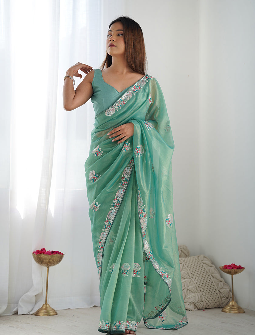 Monjolika Fashion Sea Green Thread Embroidery Net Trendy Saree - Distacart