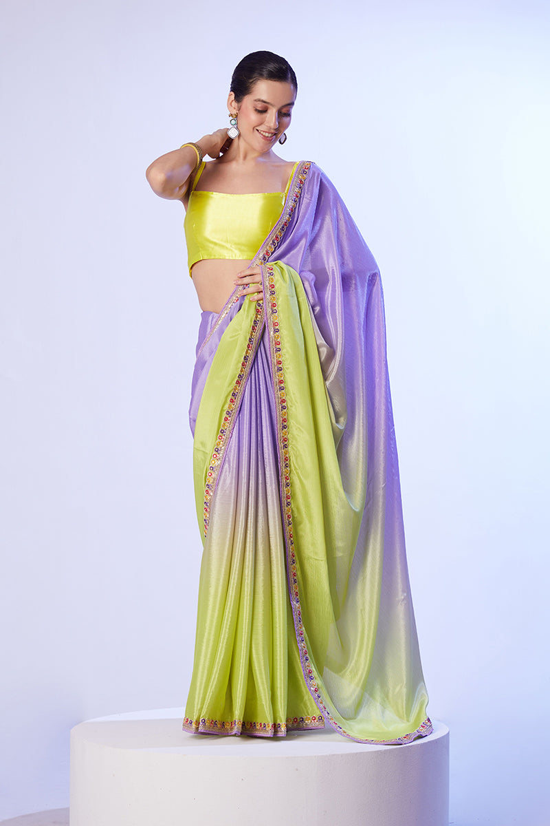 Monjolika Fashion Lavender & Parrot Green Chinon Lace Work Saree With Unstitched Blouse For Women