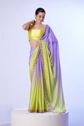 Monjolika Fashion Lavender & Parrot Green Chinon Lace Work Saree With Unstitched Blouse For Women