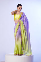 Monjolika Fashion Lavender & Parrot Green Chinon Lace Work Saree With Unstitched Blouse For Women