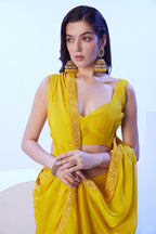 Monjolika Fashion Yellow Moss Lace Work Saree With Unstitched Blouse For Women