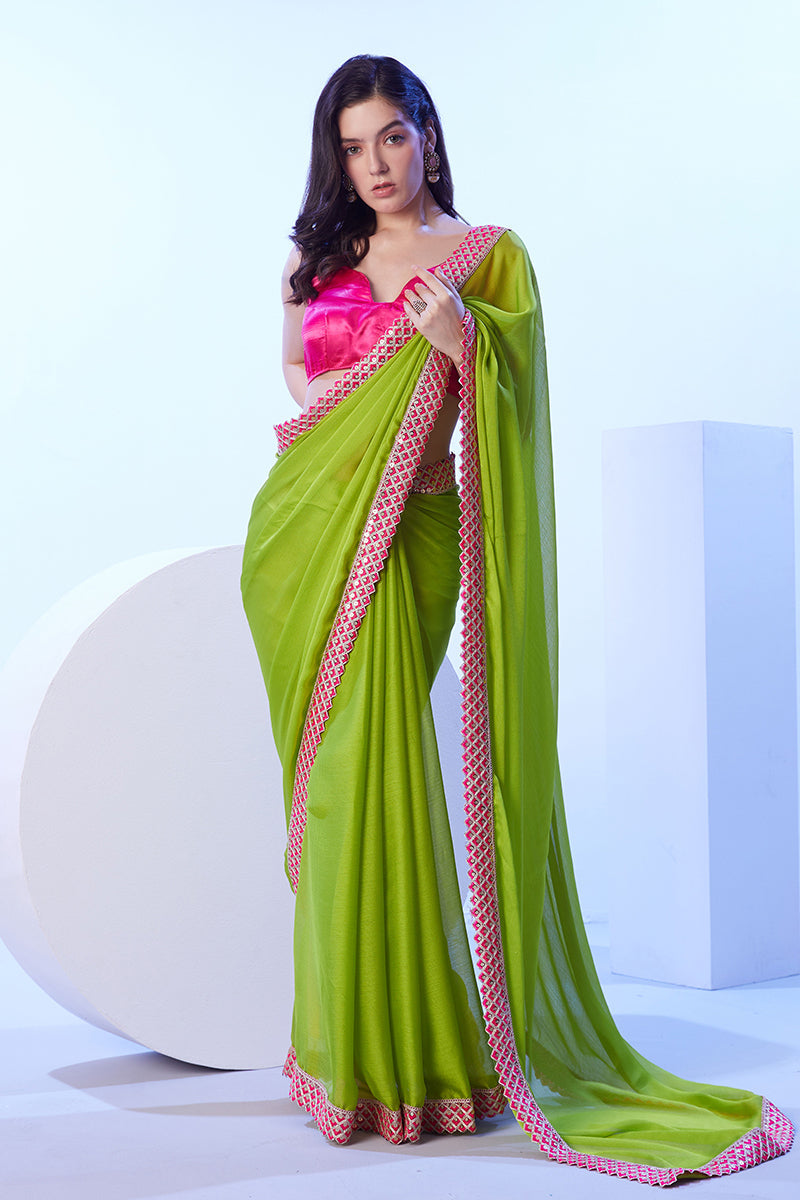 Monjolika Fashion Parrot Green Moss Lace Work Saree With Unstitched Blouse For Women