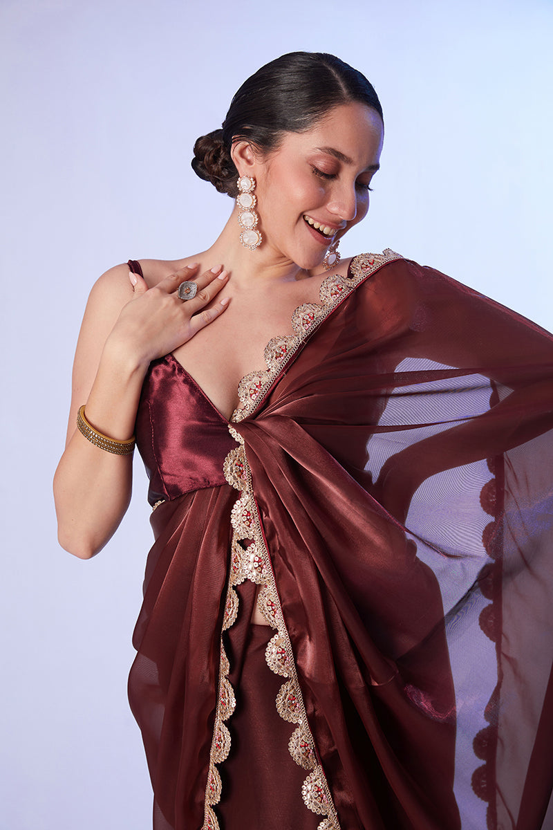 Monjolika Fashion Coffee Brown Satin Saree with Art Silk Blouse and Lace Detailing