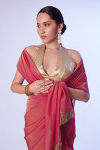 Monjolika Fashion Dark Rose Pink Satin Gold Organza Saree with Gold Art Silk Blouse and Lace Detailing