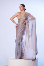 Monjolika Fashion Grey Satin Gold Organza Saree with Gold Art Silk Blouse and Lace Detailing