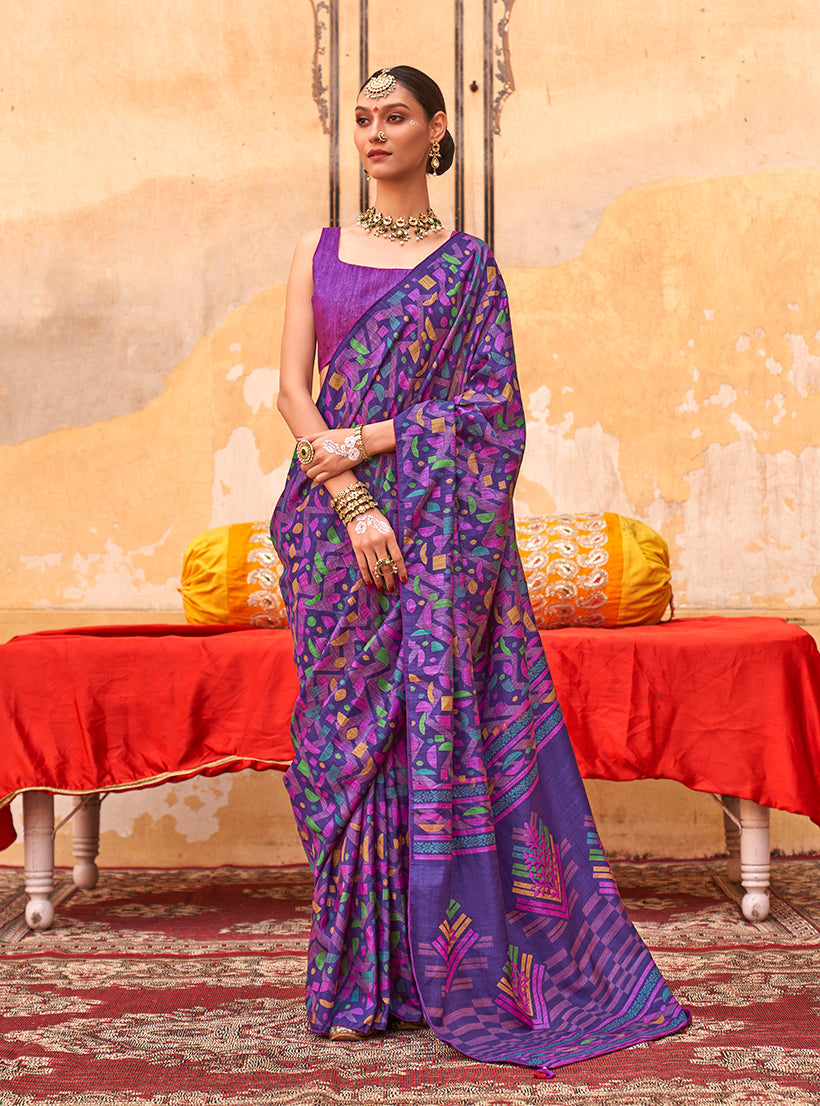 Monjolika Fashion Silk Blend Printed Violet Trendy Saree For Casual