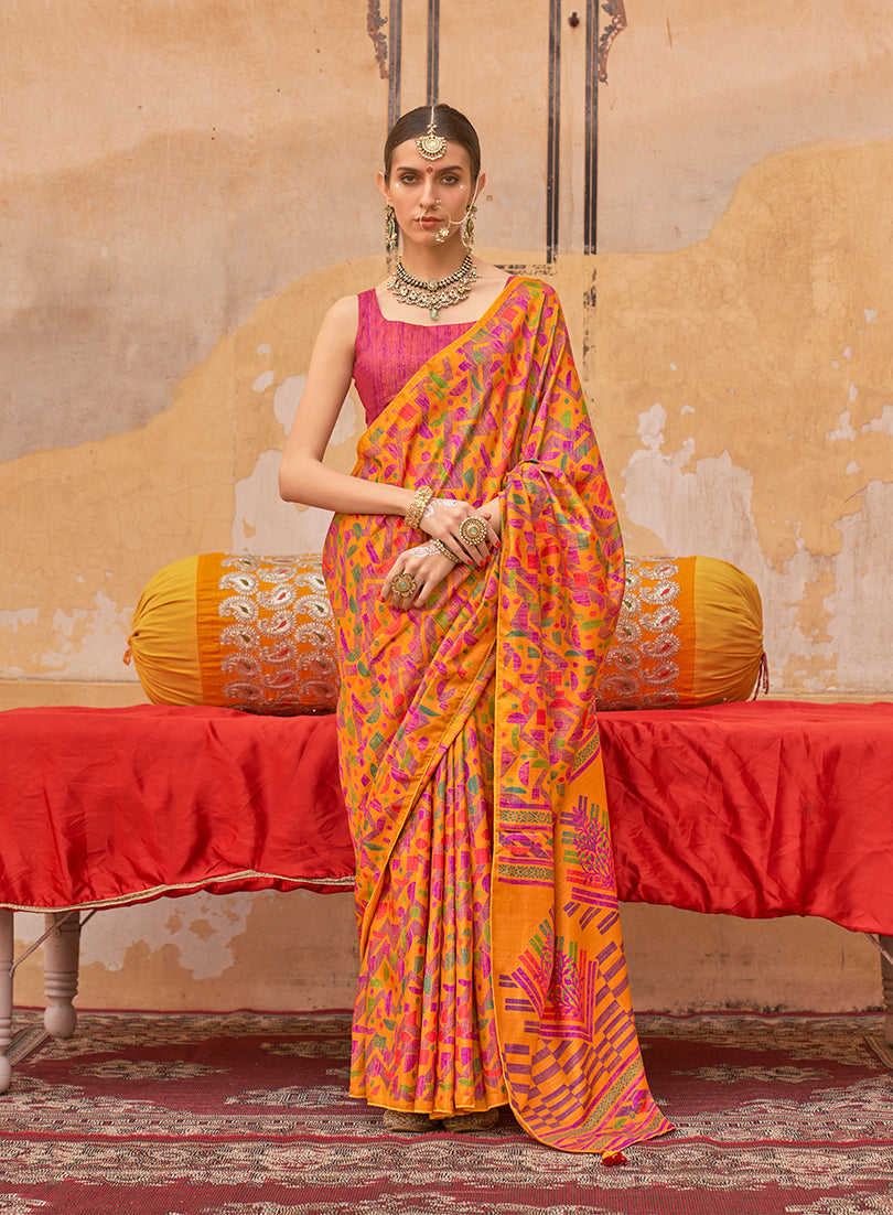 Monjolika Fashion Silk Blend Printed Orange Trendy Saree For Casual