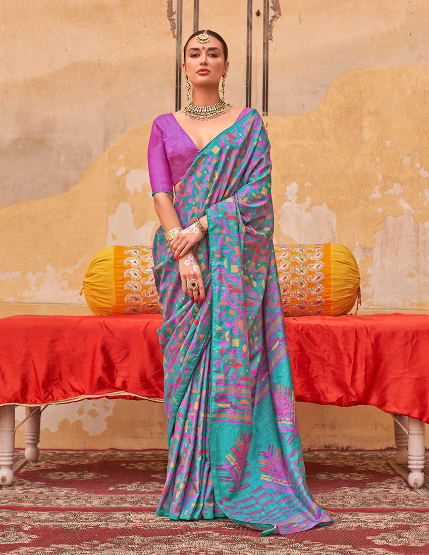 Monjolika Fashion Silk Blend Printed Turquoise Trendy Saree For Casual