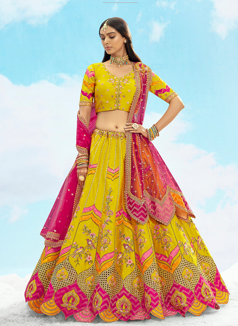 Monjolika Fashion Yellow & Pink Silk Heavy Embroidered Bridal Lehenga Choli