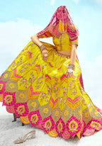 Monjolika Fashion Yellow & Pink Silk Heavy Embroidered Bridal Lehenga Choli