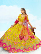 Monjolika Fashion Yellow & Pink Silk Heavy Embroidered Bridal Lehenga Choli